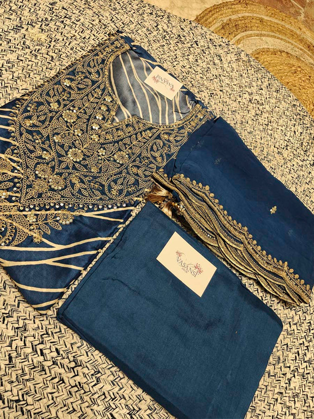 Blue Muslin Silk Dress Material