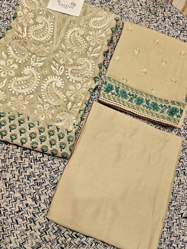 Cream Chanderi Dress Material