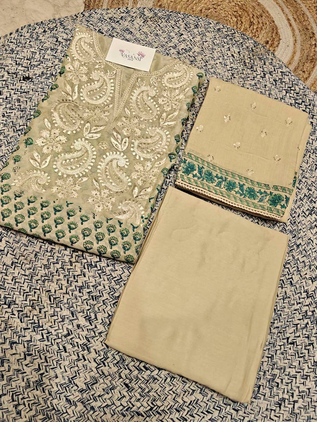 Cream Chanderi Dress Material