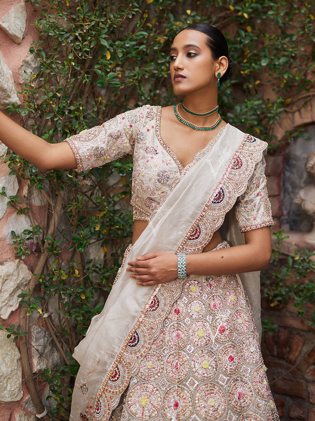 Beige Tissue Bridal Lehenga Set
