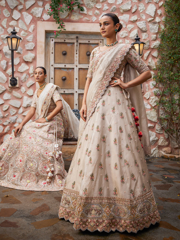 Beige Tissue Bridal Lehenga Set