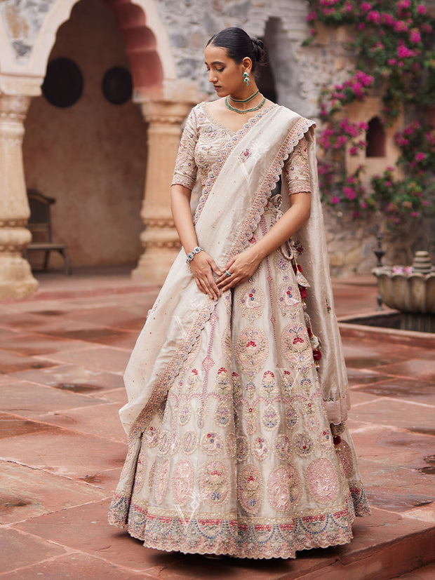 Beige Tissue Bridal Lehenga Set