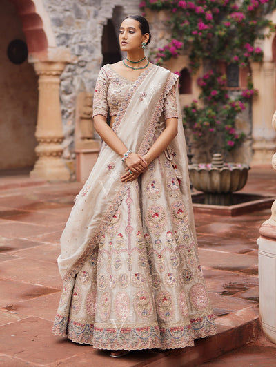 Beige , Tissue  Bridal, Lehenga Set , Bridal lehenga
