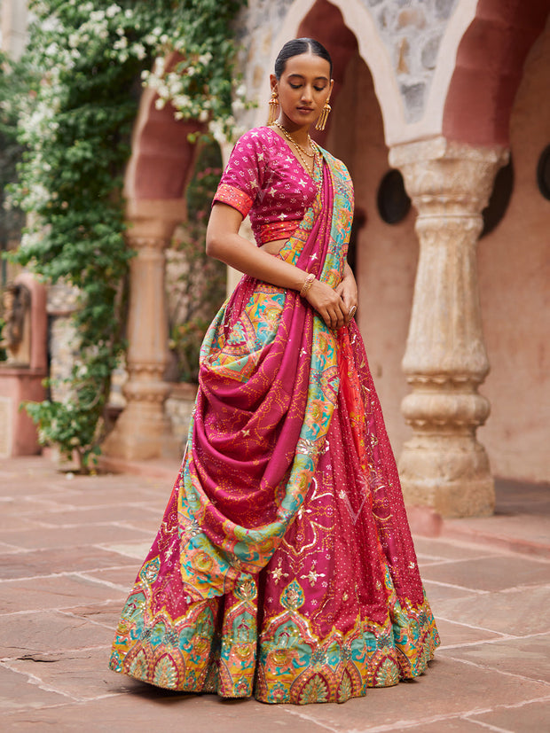 Raspberry Pink Vasansi Silk Gota Patti Bandhni Printed Lehenga Set