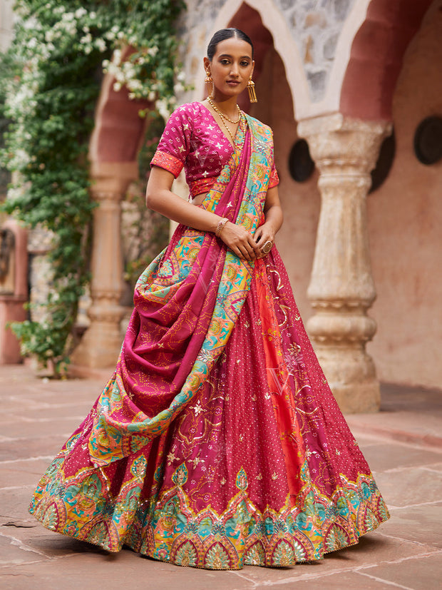 Raspberry Pink Vasansi Silk Gota Patti Bandhni Printed Lehenga Set