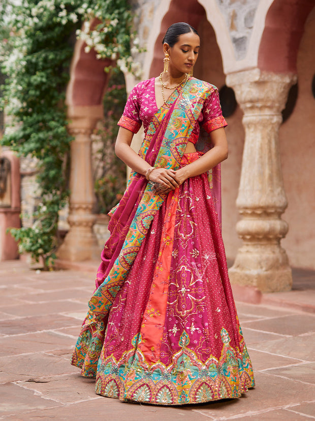 Raspberry Pink Vasansi Silk Gota Patti Bandhni Printed Lehenga Set