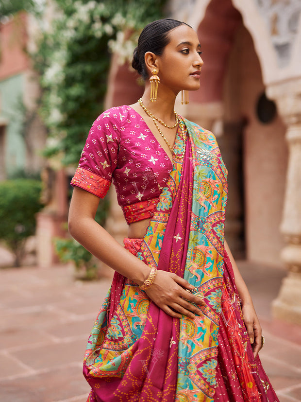 Raspberry Pink Vasansi Silk Gota Patti Bandhni Printed Lehenga Set