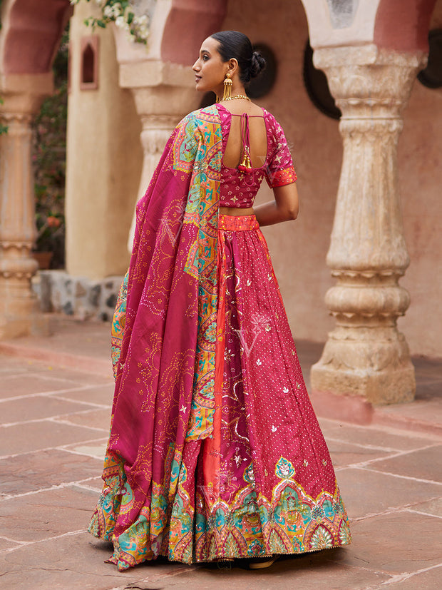 Raspberry Pink Vasansi Silk Gota Patti Bandhni Printed Lehenga Set