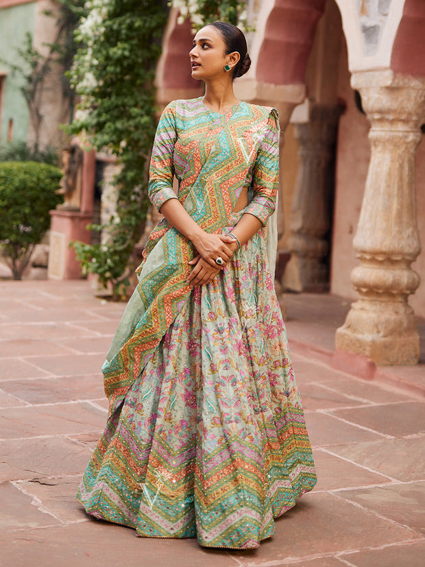 Sea Green Embroidered Lightweight Lehenga