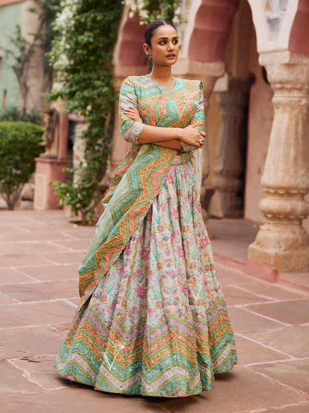 Sea Green Embroidered Lightweight Lehenga