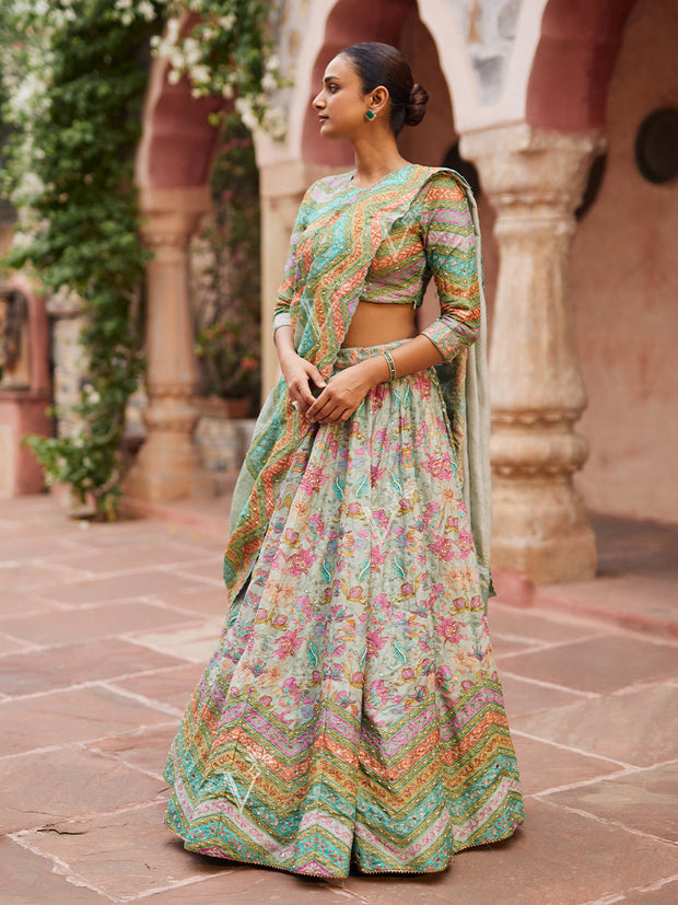 Green ,Vasansi Silk ,Printed ,Lehenga Set
