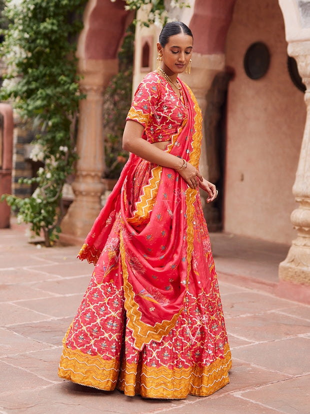 Red ,Vasansi Silk ,Printed ,Lehenga Set