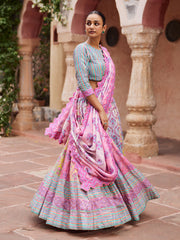 Lilac and Blue Vasansi Silk Printed Lehenga Set