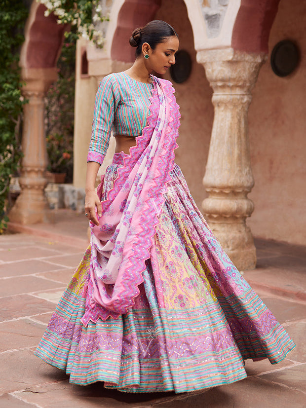 Lilac and Blue Vasansi Silk Printed Lehenga Set