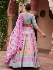 Lilac and Blue Vasansi Silk Printed Lehenga Set