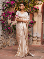 Beige Pink Banarasi Tissue Zardozi Saree