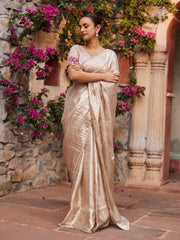 Beige Pink Banarasi Tissue Zardozi Saree