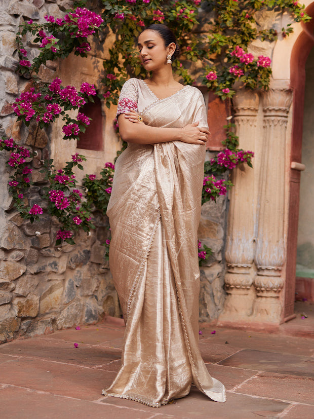 Beige Pink Banarasi Tissue Zardozi Saree