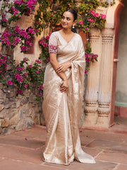 Beige ,  Banarasi , Tissue , Zardozi , Saree