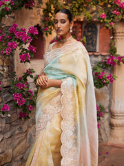Blue and Yellow Leheriya Gota Patti Tissue Saree