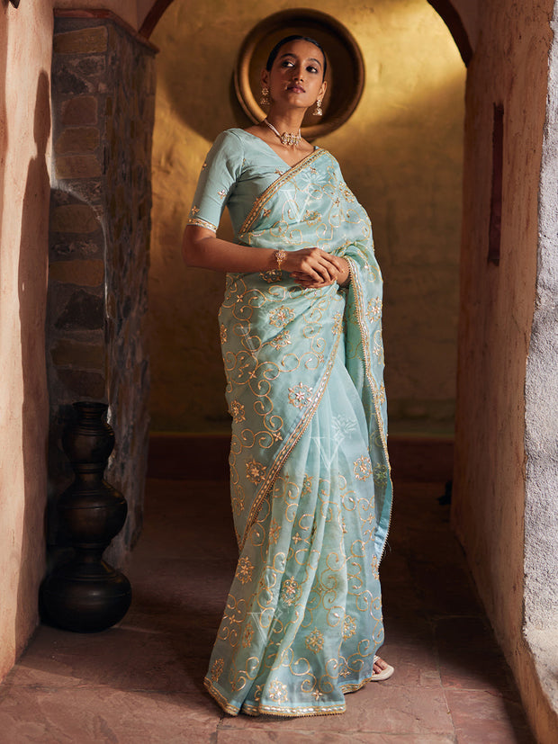 Sky Blue Organza Gota Patti Saree