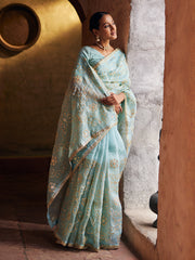 Sky Blue Organza Gota Patti Saree