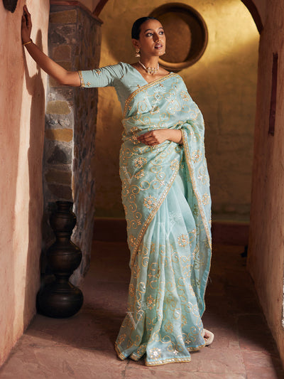 Sky , Blue , Organza , Gota Patti , Saree