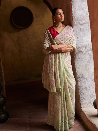 Light Green, Georgette ,Bandhani saree