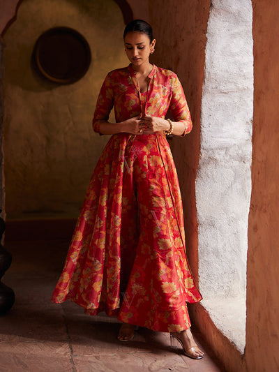 Red Floral Printed Jacket and Palazzo Set