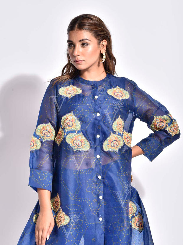 Blue Embroidered Organza Co Ord Set
