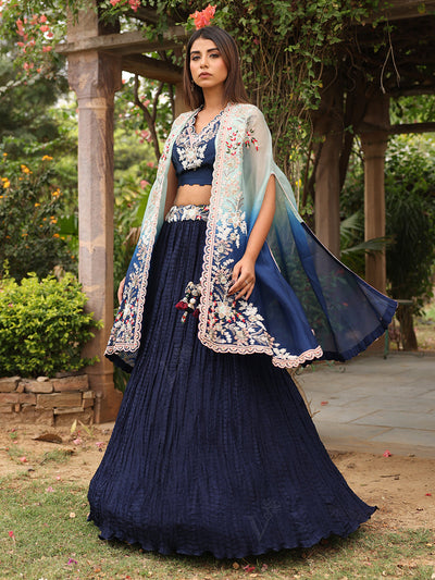 _label_New, DD35, MTO, RK, Blue, Embroidered Organza Cape , Skirt Set , Lehenga , lehenga set , Blue lehenga , cape set , jacket set , shrug set