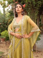 Light Olive Organza Embroidered Jacket with Drape Skirt Set