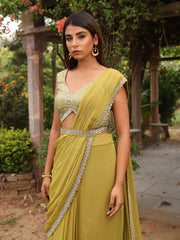 Light Olive Organza Embroidered Jacket with Drape Skirt Set