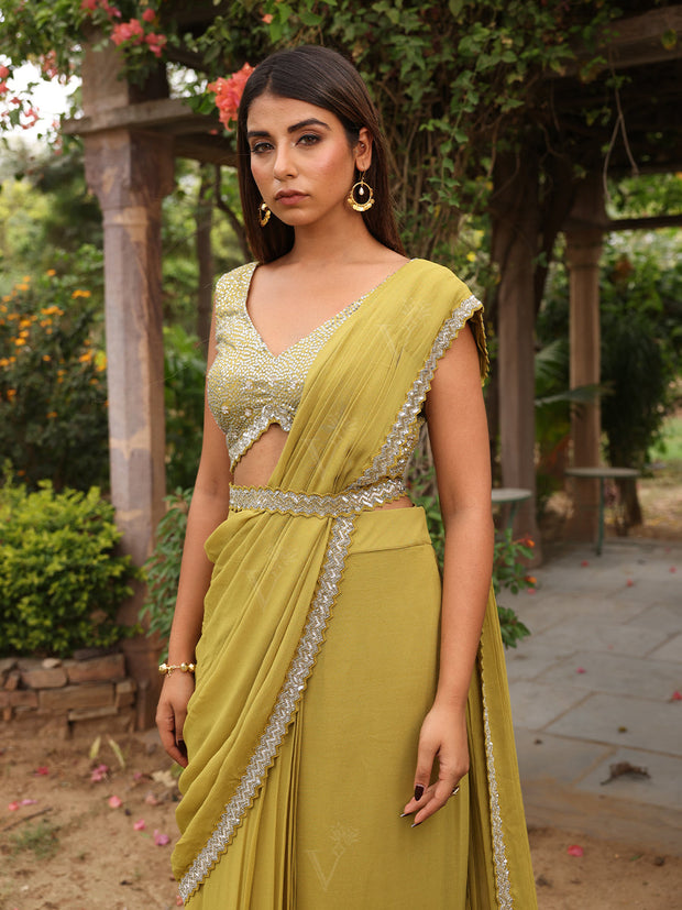 Light Olive Organza Embroidered Jacket with Drape Skirt Set