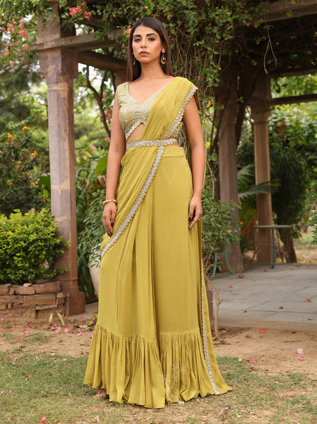 Light Olive Organza Embroidered Jacket with Drape Skirt Set