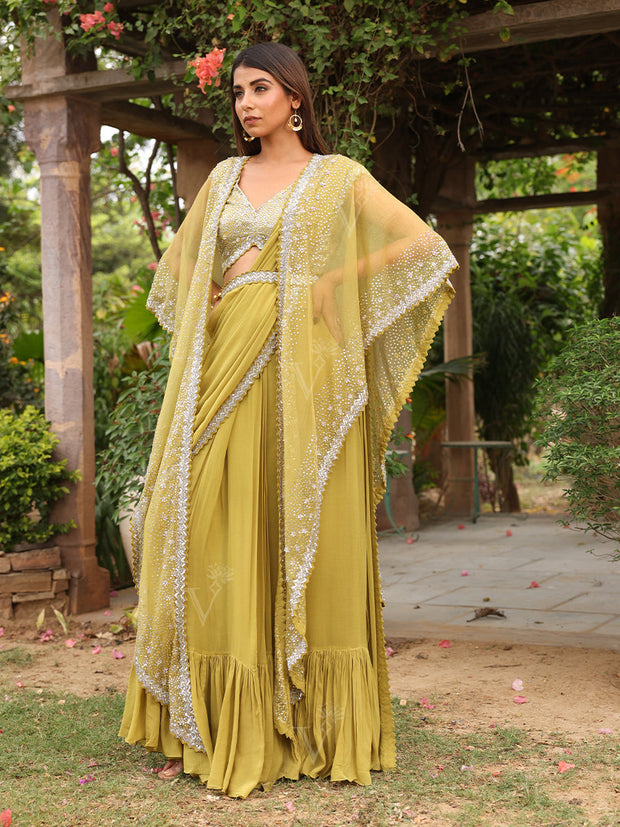 Light Olive Organza Embroidered Jacket with Drape Skirt Set