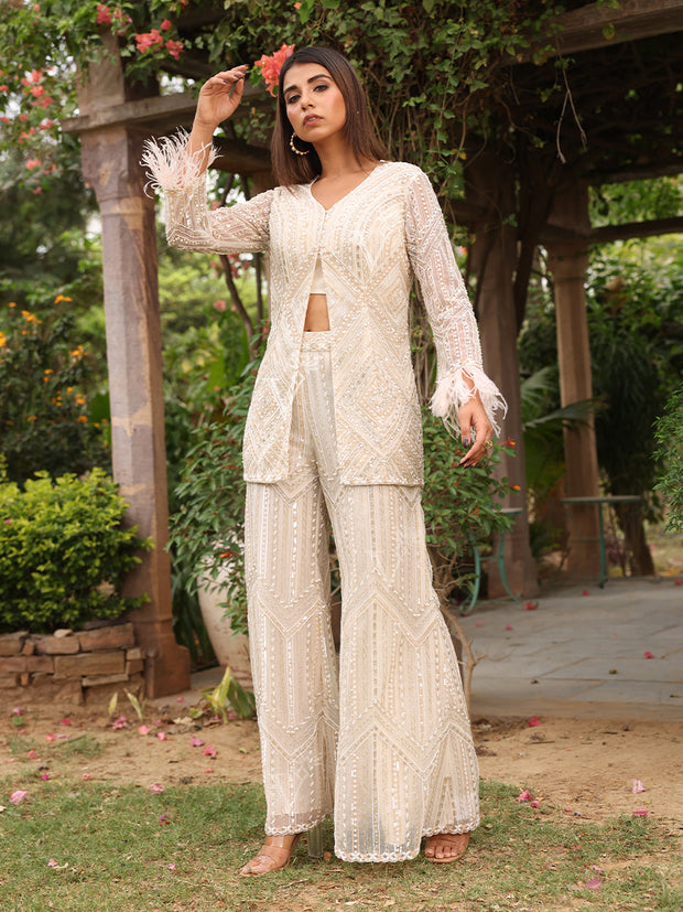 Summer White Net Jacket and Pant Set