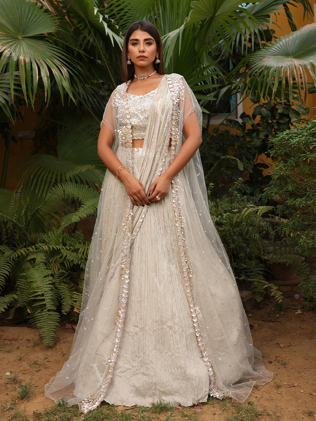 _label_New, DD35, MTO, RK, Silver Ash, Wrinkle Crepe ,Drape Skirt Set, drape skirt , skirt set , lehenga set