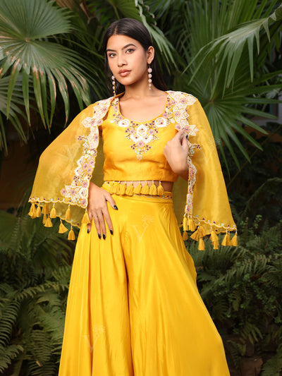 Yellow Embroidered Organza Cape and Palazzo Set