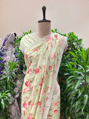 Light Green Floral Printed Organza Saree
