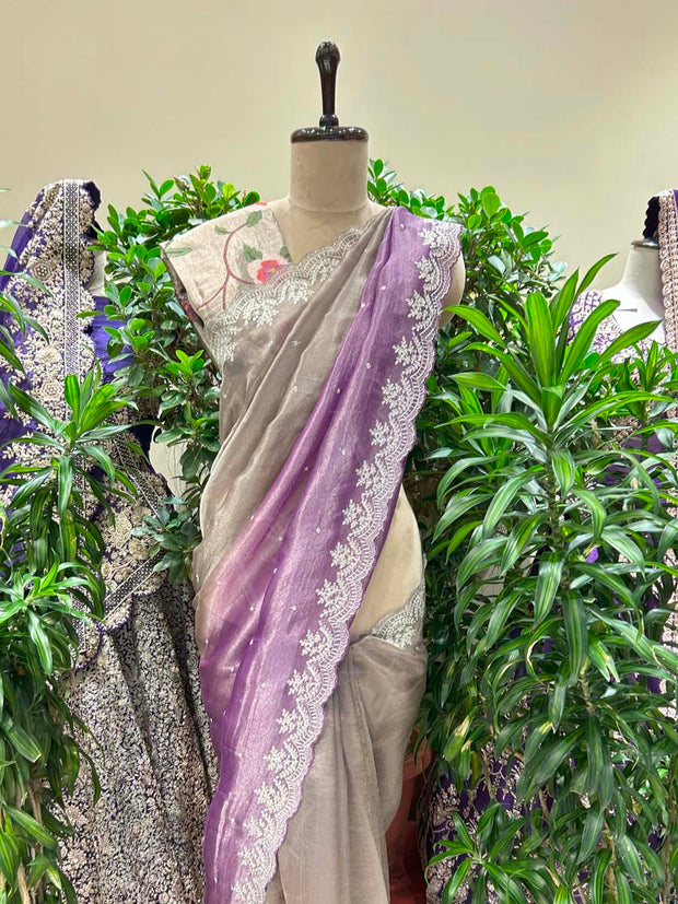 Grey and Purple Shaded Organza Saree