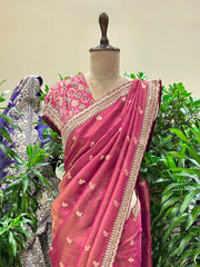 Wine Embroidered Tissue Saree