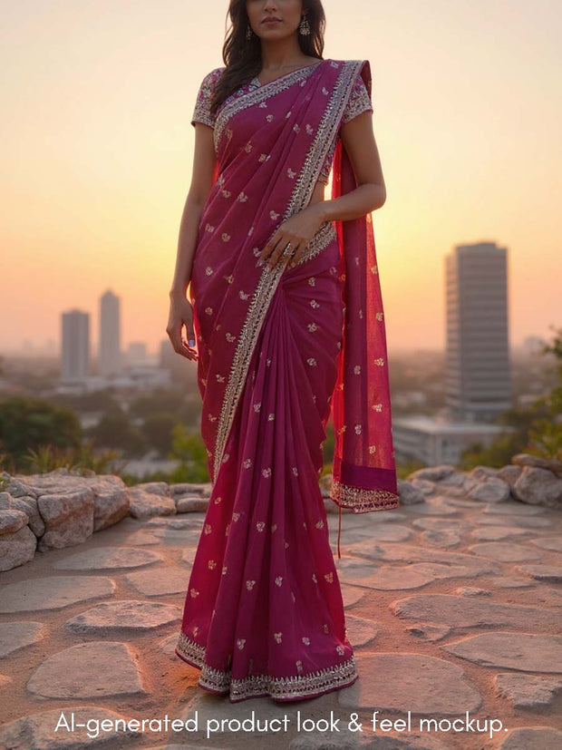 Wine Embroidered Tissue Saree