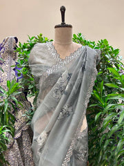 Grey Organza Printed Saree