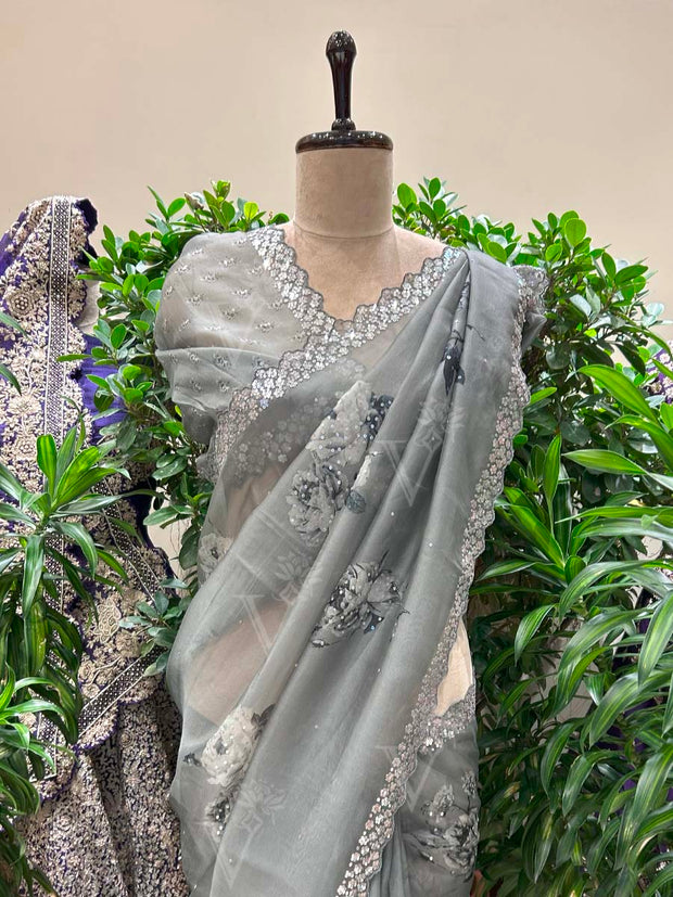 Grey Organza Printed Saree