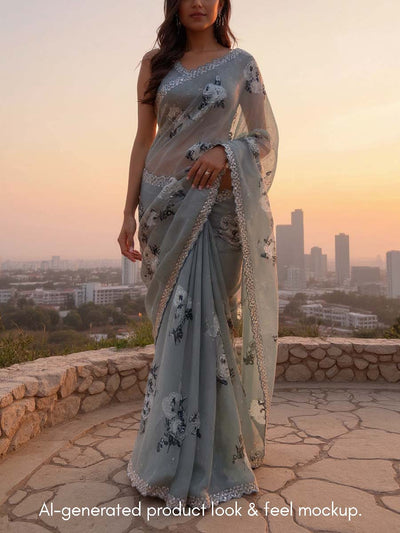 Grey Organza Printed Saree