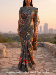 Green Embroidered Floral Printed Wrinkle Shiffon Saree