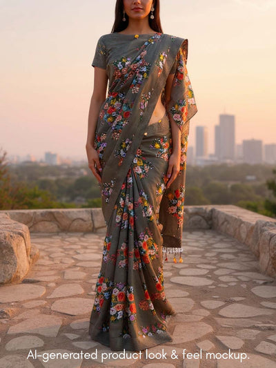 Green Embroidered Floral Printed Wrinkle Shiffon Saree