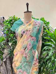 Yellow Green Floral Printed Organza Saree