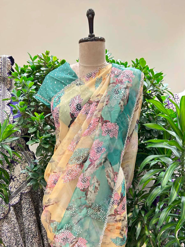 Yellow Green Floral Printed Organza Saree